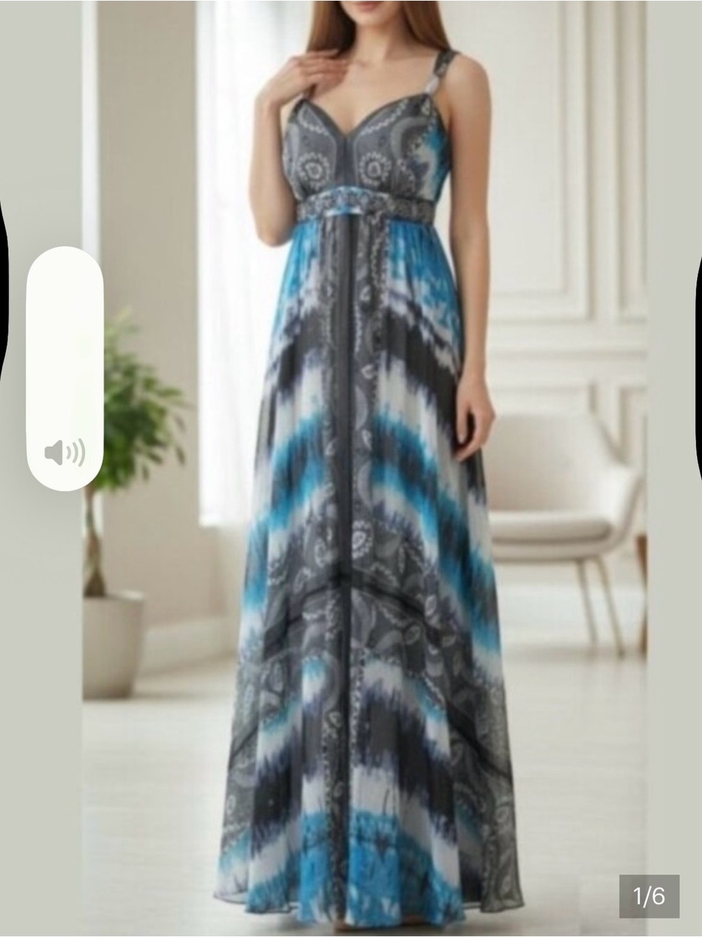 White House Black Market Blue and Gray Patterned V-Neck Maxi Dress
